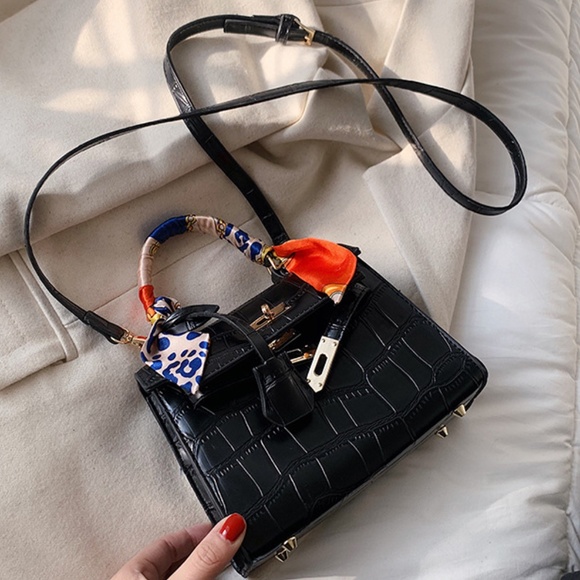 Black Embossed Mini Handbag Gold Tone Hardware - Picture 3 of 5